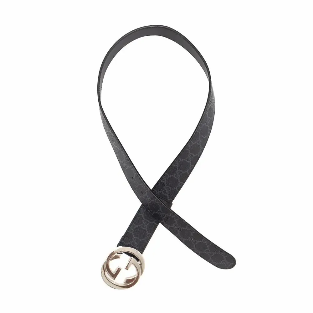 510$ GUCCI Men’s GG Supreme Interlocking G Buckle Black Grey Belt Size 80/32